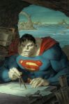  bizarro_(superman) blue_bodysuit bodysuit bruise bruised_eye cape commentary dc_comics english_commentary highres injury missing_tooth muscular muscular_male paolo_rivera red_cape superhero_costume superman_(series) superman_logo 