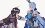  2girls arm_behind_back bare_shoulders black_gloves black_hair blue_dress blue_eyes blue_hair blush bowing cerydra_(honkai:_star_rail) closed_eyes crown detached_sleeves dress gloves gradient_hair highres holding_hands honkai:_star_rail honkai_(series) hysilens_(honkai:_star_rail) kiss long_hair long_sleeves looking_at_another mini_crown multicolored_hair multiple_girls p_811679 purple_hair simple_background twitter_username very_long_hair white_background yuri 