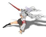  1girl armband black_necktie black_skirt black_socks blue_archive commentary_request dark_skin grey_hair gun hair_over_one_eye halo highres holding holding_gun holding_weapon iori_(blue_archive) kneehighs korean_commentary kujj0531 long_hair looking_at_viewer necktie one_eye_covered open_mouth pointy_ears purple_halo red_armband red_eyes shirt skirt socks solo thighs twintails weapon white_background white_shirt 