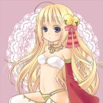  1girl bangs bell bikini blonde_hair blue_eyes blunt_bangs blush bow breasts cleavage commentary_request detached_sleeves eyebrows_visible_through_hair feet_out_of_frame gypsy_(ragnarok_online) hair_bell hair_bow hair_ornament jewelry jingle_bell long_hair looking_at_viewer medium_breasts mismatched_bikini navel necklace nia_(littlestars) o-ring o-ring_bikini o-ring_top open_mouth pants pink_bow ragnarok_online red_sleeves see-through solo strapless strapless_bikini swimsuit white_bikini white_pants yellow_bikini 