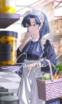  1girl absurdres apron basket blue_eyes blue_hair breasts cabbage carrot checkered_floor closed_mouth dress earrings food groceries highres holding holding_basket indoors jewelry juice long_hair long_sleeves maid maid_apron maid_headdress original sample_watermark shale shop shopping solo spring_onion tiles vegetable watermark white_apron 