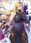  1girl azusa_(hws) bangs black_dress blonde_hair breasts chain covered_navel dress earrings fairy_knight_gawain_(fate) fate/grand_order fate_(series) gauntlets heterochromia highres horns huge_breasts jewelry long_hair muscular muscular_female pantyhose see-through solo sword very_long_hair weapon 