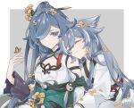  2girls animal_ears bangs bare_shoulders black_hair blue_eyes border breasts bug butterfly cat_ears china_dress chinese_clothes cleavage closed_eyes closed_mouth dress dual_persona fu_hua fu_hua_(azure_empyrea) fu_hua_(herrscher_of_sentience) grey_background grey_hair hair_between_eyes hair_ornament hair_over_one_eye hand_on_another&#039;s_arm head_on_another&#039;s_shoulder honkai_(series) honkai_impact_3rd insect looking_at_another multicolored_hair multiple_girls san_se_ling small_breasts smile streaked_hair white_dress yellow_butterfly yin_yang 