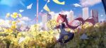  1girl absurdres aged_down ahoge animal_ears armband banner black_bow black_ribbon black_sailor_collar blue_sky bow building cat_ears cat_girl closed_eyes cloud commentary dress facing_viewer flower hair_bow hair_ornament hair_ribbon hands_up highres holding holding_flower micho_(ryty2833) nanally_(neverness_to_everness) neverness_to_everness open_mouth outdoors paper_airplane red_armband ribbon sailor_collar sky standing string_of_flags twintails white_dress x_hair_ornament yellow_flower 