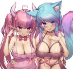  ! 2girls ahoge animal_ears bare_shoulders bell blue_hair blush bow bowtie breasts choker collarbone cowboy_shot demon_girl demon_horns english_commentary eyebrows_visible_through_hair hair_between_eyes happy_birthday heart highres horns ironmouse kaptivate large_breasts long_hair looking_at_viewer multicolored_hair multiple_girls navel neck_bell open_mouth pink_eyes pink_hair pointy_ears purple_hair second-party_source silvervale simple_background sleeveless tail teeth tongue tongue_out twintails two-tone_hair virtual_youtuber vshojo white_background wolf_ears wolf_girl wolf_tail 