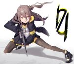  1girl 404_logo_(girls&#039;_frontline) :d absurdres boots brown_eyes brown_hair commentary ggab0621 girls&#039;_frontline gradient gun hair_ornament hairclip highres jacket looking_to_the_side open_mouth pantyhose scar scar_across_eye scarf shirt side_ponytail simple_background skirt smile socks ump45_(girls&#039;_frontline) weapon white_background white_shirt 