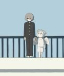  2boys absurdres angel avogado6 barefoot black_eyes black_jacket black_pants bruise bruise_on_face child colored_skin commentary gakuran grey_hair highres holding_hands imminent_suicide injury jacket looking_down looking_up multiple_boys original pants school_uniform shirt shoes shorts white_eyes white_hair white_shirt white_shorts white_skin white_wings wings 