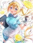  1girl :d apron bangs blend_s blonde_hair blue_dress blue_eyes blush breasts coffee coffee_cup collared_dress commentary_request cup disposable_cup dress eyebrows_visible_through_hair food fruit hair_between_eyes highres hinata_kaho holding holding_menu holding_tray large_breasts leaf lemon lemon_slice long_hair looking_at_viewer maid_apron menu open_mouth sakura_(39ra) saucer short_sleeves smile solo spoon standing thighhighs tray twintails water_drop white_background white_legwear 