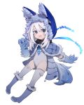  1girl :d absurdres andrius_(genshin_impact) andrius_(genshin_impact)_(cosplay) animal_ear_fluff animal_ears animal_hands animal_hood bangs blue_capelet blue_eyes blue_footwear blue_gloves boots capelet cosplay covered_navel eyebrows_visible_through_hair fake_animal_ears fur-trimmed_boots fur-trimmed_capelet fur-trimmed_gloves fur-trimmed_hood fur_trim genshin_impact gloves hair_between_eyes highres hood hood_up hooded_capelet leotard looking_at_viewer open_mouth paimon_(genshin_impact) paw_gloves pigeon-toed ruo_xuan_zephyr simple_background smile solo thighhighs thighhighs_under_boots white_background white_hair white_legwear white_leotard 