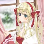  1girl archbishop_(ragnarok_online) bangs blonde_hair blue_eyes blush bow breasts cleavage cleavage_cutout closed_mouth clothing_cutout commentary_request curtains dress eyebrows_visible_through_hair floral_print frilled_bow frilled_hairband frills green_eyes hair_between_eyes hair_bow hairband heterochromia indoors long_hair looking_at_viewer nia_(littlestars) ragnarok_online red_bow red_dress red_hairband rose_print solo two-tone_dress upper_body white_dress window 