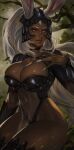  1girl animal_ears breasts cleavage commentary covered_navel dark-skinned_female dark_skin ears_through_headwear final_fantasy final_fantasy_xii fingernails fran_(ff12) helmet highres large_breasts lips long_fingernails rabbit_ears red_eyes revealing_clothes soffa solo thighhighs viera white_hair 