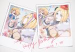  2girls absurdres birthday_cake blonde_hair blue_eyes brown_hair cake cake_slice confetti food fork glasses groucho_glasses happy_birthday hat heaven_burns_red highres holding holding_fork holding_plate kayamori_ruka minase_ichigo multiple_girls party_hat party_popper photo_(object) plate short_hair utensil_in_mouth wbon 