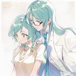  2girls aqua_hair aqua_neckwear bang_dream! bangs bespectacled blush bow braid collared_shirt commentary_request copyright_name eyebrows_visible_through_hair glasses green_eyes hand_on_another&#039;s_arm haneoka_school_uniform hikawa_hina hikawa_sayo long_hair milk_puppy multiple_girls necktie school_uniform shiny shiny_hair shirt short_hair short_sleeves siblings side_braids sidelocks sisters striped striped_neckwear summer_uniform sweater_vest twins twitter_username white_shirt yellow_bow 