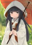  1girl aoshima_sakana bangs black_hair blunt_bangs brown_eyes commentary_request cowboy_shot hatsuyuki_(kancolle) highres hime_cut holding hood japanese_clothes jewelry kantai_collection kimono long_hair looking_at_viewer oil-paper_umbrella red_umbrella ring solo uchikake umbrella wedding_band 