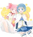  2girls absurdres arms_at_sides bangs belt blue_belt blue_eyes blue_hair blue_skirt bobby_socks bow bubble_skirt buttons cape center_frills character_name choker circle collarbone dot_nose eyebrows_visible_through_hair eyes_visible_through_hair feet_out_of_frame flat_chest fortissimo fortissimo_hair_ornament frilled_skirt frilled_sleeves frills gloves hair_between_eyes hair_ornament hair_ribbon hairclip happy highres kaname_madoka layered_skirt legs_together light_blush mahou_shoujo_madoka_magica miki_sayaka miyama_rikka multiple_girls open_mouth pink_bow pink_eyes pink_hair pleated_skirt puffy_short_sleeves puffy_sleeves ribbon ribbon_choker short_hair short_sleeves side-by-side simple_background skirt smile socks soul_gem tareme thighhighs twintails two-tone_background waist_bow white_background white_cape white_gloves white_legwear white_skirt yellow_background zettai_ryouiki 