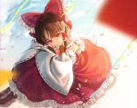  1girl ascot bangs bare_shoulders blue_sky bow brown_footwear brown_hair closed_mouth cloud cloudy_sky collar confetti detached_sleeves dress eyebrows_visible_through_hair frills hair_ornament hair_tubes hakurei_reimu jill_07km light long_sleeves looking_at_viewer red_bow red_dress red_eyes shadow shoes short_hair sitting sky smile socks solo touhou white_legwear white_sleeves wide_sleeves yellow_neckwear 