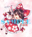  1girl between_fingers bow brown_hair chibi chibi_only commentary_request detached_sleeves frilled_bow frilled_hair_tubes frilled_skirt frills full_body gohei hair_bow hair_tubes hakurei_reimu holding holding_gohei holding_ofuda long_hair looking_at_viewer ofuda ofuda_between_fingers open_mouth petal_print pint_bow print_skirt red_bow red_eyes red_skirt ribbon-trimmed_sleeves ribbon_trim sample_watermark skirt skirt_set smile socks solo touhou toutenkou twitter_username watermark white_socks 
