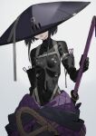  1girl armor bangs black_hair bodysuit breasts covered_eyes elbow_gloves falslander gloves helmet japanese_armor kabuto katana medium_hair neco open_mouth ronin_(neco) rope samurai small_breasts solo standing sword weapon 