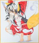  1girl animal_ears ass barefoot black_hair blush bow commentary_request detached_sleeves fox_ears fox_girl fox_tail frilled_bow frilled_hair_tubes frilled_skirt frills hair_bow hair_tubes hakurei_reimu highres kemonomimi_mode long_hair looking_at_viewer open_mouth red_bow red_skirt ribbon-trimmed_sleeves ribbon_trim seika_okawari shikishi skirt skirt_set soles solo squatting sweat tail tiptoes touhou traditional_media yellow_eyes 