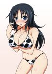  1girl animal_print bangs beige_background bikini black_hair blue_eyes blush breast_hold breasts cleavage commentary_request cow_print cowboy_shot eyebrows_visible_through_hair freckles girls_und_panzer gradient gradient_background groin halterneck hand_in_hair izumi_(izumi_p) large_breasts long_hair looking_at_viewer navel open_mouth print_bikini skindentation solo standing string_bikini swimsuit yamagou_ayumi 