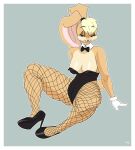 anthro big_ears black_bow_tie black_clothing black_footwear black_high_heels black_leotard blonde_hair blue_eyes boodapooks border bow_tie breasts brown_body brown_fur brown_nose buckteeth cleavage clothed clothing eyebrow_through_hair eyebrows eyelashes female fishnet_clothing fishnet_legwear floppy_ears footwear fur gloves grey_background hair handwear head_tuft hi_res high_heels lagomorph legwear leotard leporid lola_bunny long_ears looking_at_viewer looney_tunes lop_ears mammal rabbit shoes simple_background smile solo tan_body tan_fur teeth thick_thighs translucent translucent_hair tuft warner_brothers white_border white_clothing white_gloves white_handwear wide_hips