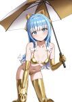  1girl absurdres alternate_costume bikini blue_eyes blue_hair blush breasts commentary cowboy_shot elbow_gloves gloves gold_bikini gold_gloves gold_thighhighs hand_on_own_knee highres holding holding_umbrella hololive hololive_indonesia kobo_kanaeru leaning_forward long_hair looking_at_viewer multicolored_hair navel raikkonen simple_background small_breasts solo swimsuit two-tone_hair umbrella virtual_youtuber white_background white_hair 