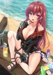  1girl arrow_through_heart beach bikini breasts can cleavage commentary_request dolphin_shorts earrings fang heterochromia hololive houshou_marine jacket jewelry keyboard_(computer) large_breasts microphone necklace nekoyaso open_mouth red_bikini red_hair sandals shorts skin_fang soda_can solo swimsuit virtual_youtuber 