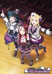  3girls artist_request black_skirt black_thighhighs blonde_hair blue_hair commentary_request dress drill_hair feet_out_of_frame full_body hair_bun hat high_heels indoors jacket long_hair love_live! love_live!_sunshine!! multiple_girls neckerchief necktie official_alternate_costume official_art ohara_mari open_mouth red_hair red_necktie sakurauchi_riko shirt skirt smile standing thighhighs tsushima_yoshiko white_jacket white_neckerchief white_shirt yellow_eyes 
