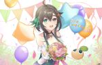  1girl :d ahoge balloon birthday birthday_party black_choker blouse blue_hair blue_overalls bouquet bow braid braided_bangs breasts brotecito_(meica) brown_eyes brown_hair choker cleavage colored_inner_hair confetti creature cross-shaped_pupils dated double-parted_bangs flower green_bow green_eyes hair_between_eyes hair_bow hair_flaps hair_ornament happy_birthday heterochromia highres holding holding_bouquet indie_virtual_youtuber jaal_art light_blush long_sidelocks looking_at_viewer medium_hair meica_(old_design)_(vtuber) meica_(vtuber) mismatched_pupils multicolored_hair off-shoulder_shirt off_shoulder overall_shorts overalls peanut_mouth pendant_choker pink_flower pink_rose puffy_sleeves red_flower red_rose rose shirt sidelocks signature sleeve_ribbon smile spanish_text sprout-shaped_pupils sprout_pendant star_(symbol) star_balloon star_hair_ornament streamers string_of_flags symbol-shaped_pupils translation_request upper_body virtual_youtuber white_shirt yellow_flower yellow_rose 