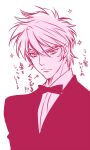  1boy arrow_(symbol) bow bowtie expressionless eyebrows_visible_through_hair formal lips looking_at_viewer male_focus sanada_ryou short_hair sidelocks sisido_(black_candy) solo suit translation_request upper_body white_background yoroiden_samurai_troopers 