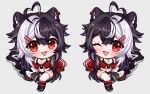  1girl ahoge asymmetrical_legwear black_bra black_hair black_thighhighs bra breasts chibi cleavage fangs hair_between_eyes hair_ornament heart heart_ahoge indie_virtual_youtuber long_hair looking_at_viewer mismatched_legwear momote_(vtuber) one_eye_closed open_mouth red_eyes red_sweater skunk_ears skunk_girl skunk_tail smile sweater thighhighs thighs uguubear underwear virtual_youtuber white_hair white_thighhighs 