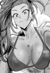  1girl abs bandaid bandaid_on_face bikini breasts captain_mizuki cleavage daraz18aka earrings greyscale hair_ornament hair_scrunchie highres jewelry large_breasts long_hair looking_at_viewer monochrome muscular muscular_female one-punch_man ponytail scrunchie smile solo sweat sweatdrop swimsuit 