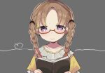  1girl benki1025 book braid brown_hair crying glasses grey_background highres hiiragi_nemu magia_record:_mahou_shoujo_madoka_magica_gaiden mahou_shoujo_madoka_magica purple_eyes reading solo twin_braids 