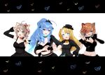  4girls \n/ absurdres animal_ear_fluff animal_ears aqua_eyes bangs black_choker black_dress blonde_hair blue_eyes blush breasts cat_ears cat_girl choker cleavage cleavage_cutout clothing_cutout colored_inner_hair detached_sleeves dog_ears dog_girl dress english_commentary eyebrows_visible_through_hair furai_sen green_eyes green_hair hair_over_one_eye heart heterochromia highres holding holding_microphone horns long_hair medium_breasts microphone miyoshino_shiki multicolored_hair multiple_girls navel one_eye_covered orange_eyes pengin_pina prism_project rikudou_yura short_hair smile spiked_choker spikes suzune_nia virtual_youtuber x_x 