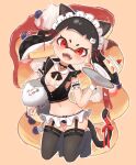  1girl :d animal_ears armband bangs bell black_bow black_hair black_legwear black_neckwear blush bow bowtie breasts breasts_apart cake cake_slice cat_ears cat_tail collar commentary_request detached_collar earrings fangs food frills fruit full_body garter_straps highres holding holding_tray inkling jewelry kemonomimi_mode kneeling long_hair looking_at_viewer maid maid_headdress microskirt midriff mole navel neck_bell no_shoes open_mouth outline plate pleated_skirt pointy_ears red_bow red_eyes ribbon shirt short_eyebrows skindentation skirt sleeveless small_breasts smile solo splatoon_(series) strawberry_shortcake stud_earrings tail tail_bow tail_ornament tail_ribbon tentacle_hair thighhighs tray wanimaru white_skirt wrist_cuffs 