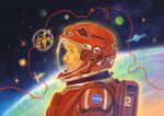  alien astronaut beard beard_stubble facial_hair galaxy highres in_orbit logo looking_at_another loou67987316 messy_hair nasa nasa_logo project_hail_mary rocky_(project_hail_mary) ryland_grace space spacesuit stubble 
