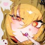  1girl aegyo_sal blonde_hair blush chalky_(zenless_zone_zero) cissia_(zenless_zone_zero) close-up commentary_request cutout_eyelashes eyelashes fang fingernails food fruit grapes hair_between_eyes hair_ornament hairclip half-closed_eye heart highres long_hair looking_at_viewer pink_nails pof_h0 portrait red_eyes snake tongue tongue_out uneven_eyes white_snake zenless_zone_zero 