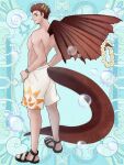  1boy blue_background brown_eyes brown_wings bubble closed_mouth dragon_boy dragon_tail dragon_wings full_body horns junmistral kerberos_blade lei looking_at_viewer looking_back male_focus male_swimwear profile sandals scar scar_on_face shirtless short_hair sideways_glance smile solo standing swim_trunks swimsuit tail watch wings wristwatch 
