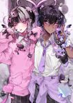  2boys absurdres aegyo_sal angel_wings angel_wings_hair_ornament animal_charm anti-eyebrow_piercing arm_around_shoulder artist_name bandaid bandaid_on_arm bandaid_on_cheek bandaid_on_face bandaid_on_neck black_bow black_hair black_nails black_pants blunt_bangs bow buttons cardigan cardigan_around_waist cat_charm cat_hair_ornament cellphone cellphone_charm charm_(object) choker clothes_around_waist collared_shirt commentary_request cowboy_shot cross crown_necklace dark-skinned_male dark_skin decora ear_piercing eita_789 face_piercing fang fashion flip_phone food_charm gauze gauze_on_head gyaruo hair_between_eyes hair_bow hair_intakes hair_ornament hairclip half_updo hand_up hands_up heart heart_button heart_o-ring highres holding holding_phone jewelry jirai_kei lip_piercing looking_at_viewer male_focus matching_outfits middle_finger mole mole_on_neck mole_under_eye mole_under_mouth multicolored_hair multiple_boys nail_art necklace necktie nose o-ring original pants pentagram_necklace phone piercing pill pink_cardigan pink_choker pink_eyes pink_necktie plaid_clothes plaid_pants pocket purple_cardigan purple_necktie scrunchie shirt short_hair skin_fang sleeve_bow sleeves_past_fingers sleeves_past_wrists smile sparkle spiked_ear_piercing stuffed_animal stuffed_cat stuffed_toy teeth tongue tongue_out too_many_hair_ornaments two-tone_hair white_background white_hair white_scrunchie wings wrist_scrunchie x_hair_ornament 