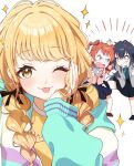  3girls anger_vein black_hair blonde_hair blush braid clenched_teeth commentary_request fighting fujita_kotone gakuen_idolmaster grey_jacket hair_between_eyes hair_over_shoulder hanami_saki highres idolmaster jacket long_hair long_sleeves looking_at_viewer multiple_girls mumrik one_eye_closed open_mouth pink_jacket red_hair shoes simple_background skirt solo_focus sparkle teeth tongue tongue_out tsukimura_temari twin_braids white_background 