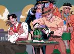  4boys daniel_j._d&#039;arby food fruit gloves hat jewelry jojo_no_kimyou_na_bouken joseph_joestar joseph_joestar_(old) kujo_jotaro maitake_(cbe08253) mohammed_avdol multiple_boys muscular muscular_male necklace necktie red_vest rubber_band safety_glasses shirt stand_(jojo) star_platinum stardust_crusaders table vest watermelon white_gloves yellow_shirt 