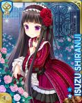  1girl black_hair blunt_bangs breasts card_(medium) choker cross cross_choker dress flower garden girlfriend_(kari) hairband lolita_fashion lolita_hairband long_hair nervous official_art purple_eyes qp:flapper rose shiranui_isuzu small_breasts solo very_long_hair wavy_mouth wide_sleeves 