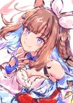  +_+ 1girl almond_eye_(the_changer)_(umamusume) almond_eye_(umamusume) animal_ears bare_shoulders blue_eyes blue_gloves blush bow_hairband braid breasts brown_hair closed_mouth colored_inner_hair commentary_request detached_sleeves dress fingerless_gloves gloves hair_ornament hairband hairclip highres horse_ears horse_girl kanon_(floralcanon) long_hair looking_at_viewer medium_breasts multicolored_hair smile solo symbol-shaped_pupils umamusume white_hairband x-shaped_pupils 