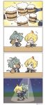  2boys :3 :o ;) ^_^ ahoge alcohol animal_ears armor beer beer_mug belt belt_collar black_belt black_gloves black_shoes blonde_hair blue_eyes blue_jacket blue_shirt blush carrying cat_ears cat_tail chair chibi choker closed_eyes closed_mouth coat collar collared_shirt commentary_request cup dog_ears dog_tail drinking drunk earrings genshin_impact gloves green_hair hair_between_eyes highres hood hood_down hooded_jacket jacket jewelry lamppost light_blush lohen_(genshin_impact) long_sleeves male_focus mika_(genshin_impact) mole mole_under_eye mug multicolored_eyes multiple_boys necktie one_eye_closed open_mouth panri pants parted_lips piggyback shirt shoes short_hair shorts shoulder_armor single_earring sky smile star_(sky) starry_sky sweatdrop table tail thigh_strap toasting_(gesture) twitter_username white_pants wooden_chair wooden_cup wooden_table yellow_necktie 
