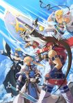  2girls 3boys belt blonde_hair blue_eyes blue_hair brown_hair dark_skin dizzy_(guilty_gear) fighting_stance gloves guilty_gear guilty_gear_xrd ky_kiske long_hair lucifero multiple_boys multiple_girls pale_skin ponytail ramlethal_valentine red_eyes short_hair sin_kiske sol_badguy sword tan weapon wings yora 