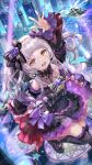  1girl bangs bare_shoulders black_dress blunt_bangs blush breasts detached_sleeves dress highres hololive long_hair looking_at_viewer murasaki_shion open_mouth purple_skirt sidelocks silver_hair skirt small_breasts smile solo torino_akua virtual_youtuber yellow_eyes 