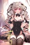  1girl absurdres animal_ears bare_shoulders black_bow black_bowtie black_leotard black_thighhighs blush bow bowtie breasts commentary_request covered_navel curly_hair detached_collar detached_sleeves hair_ornament hairclip highres indoors leotard long_hair looking_at_viewer medium_breasts multicolored_nails open_clothes origami_aya original playboy_bunny red_eyes scrunchie short_sleeves sitting smile solo thighhighs traditional_bowtie wrist_scrunchie 