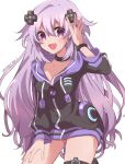  1girl absurdres adult_neptune bare_shoulders black_choker black_jacket blush breasts choker cleavage d-pad d-pad_hair_ornament hair_between_eyes hair_ornament haruna_(citrus_love_i) highres hood hooded_jacket hoodie jacket long_hair looking_at_viewer medium_breasts neptune_(series) purple_eyes purple_hair simple_background smile solo twitter_username usb very_long_hair white_background 