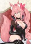  1girl animal_ear_fluff animal_ears asurada_yui black_bodysuit black_choker bodysuit breasts choker collarbone eyebrows_visible_through_hair fate/grand_order fate_(series) fox_ears fox_girl fox_tail glasses grey-framed_eyewear highres hip_vent koyanskaya_(fate) large_breasts long_hair partially_unzipped pink_hair ponytail solo tail tamamo_(fate) very_long_hair yellow_eyes 