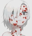  1other absurdres androgynous avogado6 commentary completely_nude flower grey_eyes hair_over_one_eye highres looking_at_viewer nude one_eye_covered open_mouth original parted_lips portrait red_flower short_hair simple_background solo white_background white_hair 